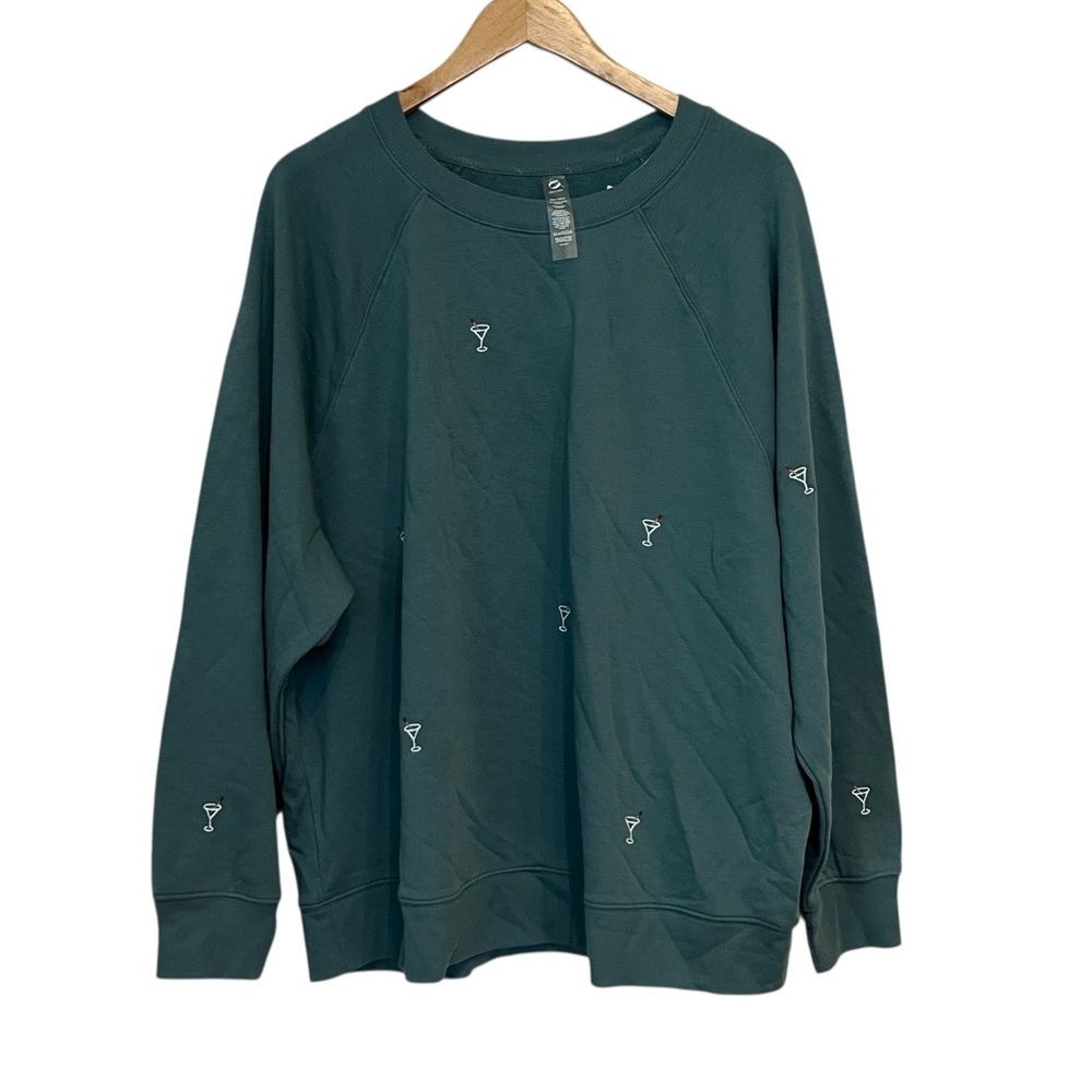 LOU & GREY Pine Green Martini Time Embroidered Long Sleeve Sweatshirt XL NWT